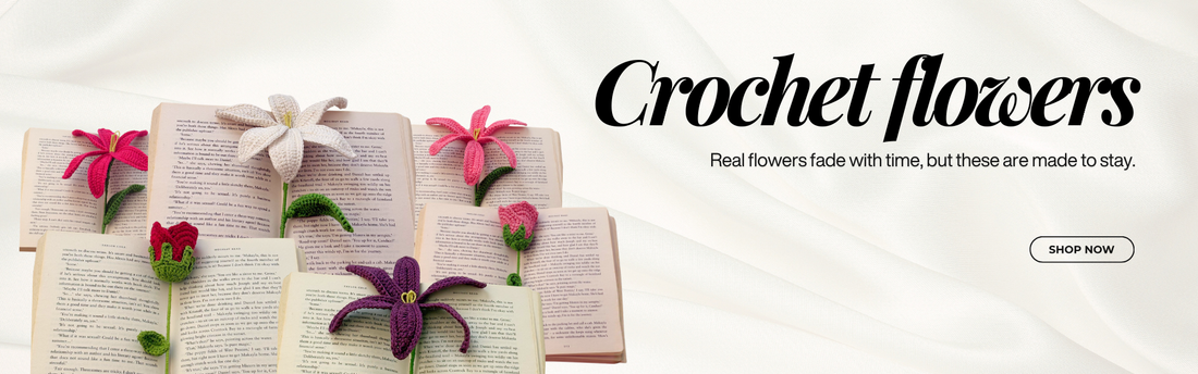 Crocheted flowers on an open book with text about crochet flowers.1621243260e1af0c20-0